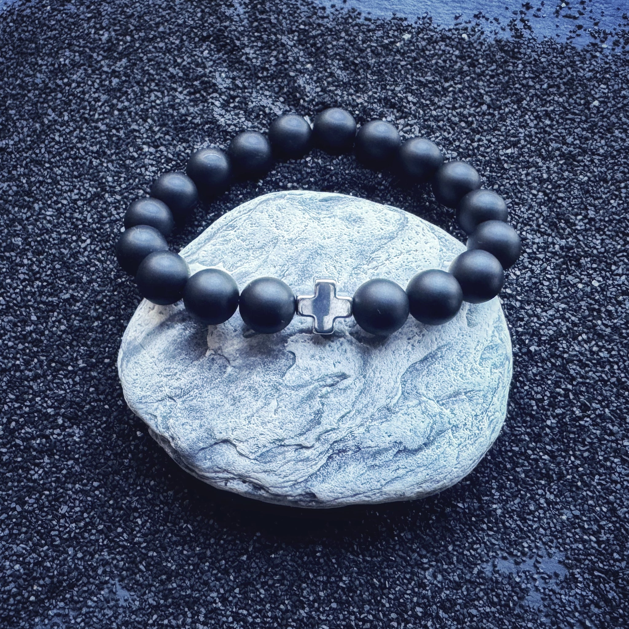 Black Onyx & Silver Cross Bracelet