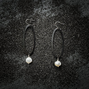 Black Ellipse Dangles with Freshwater Pearls