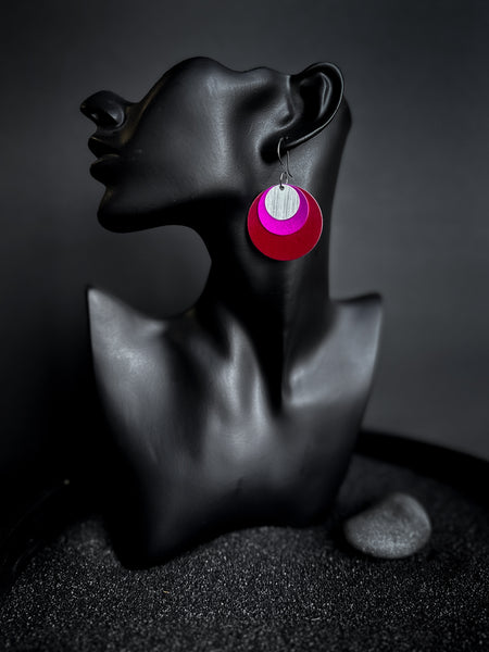 Round Colour Block Earrings - Red, Pink & Brushed Silver