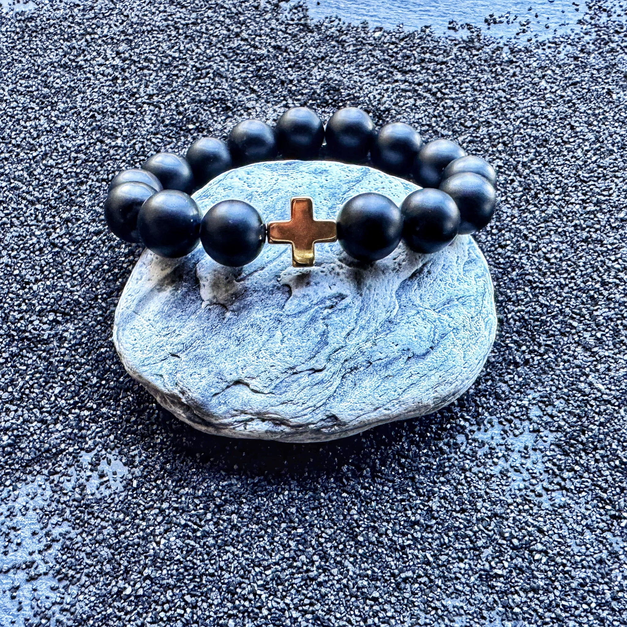 Black Onyx & Gold Cross Bracelet